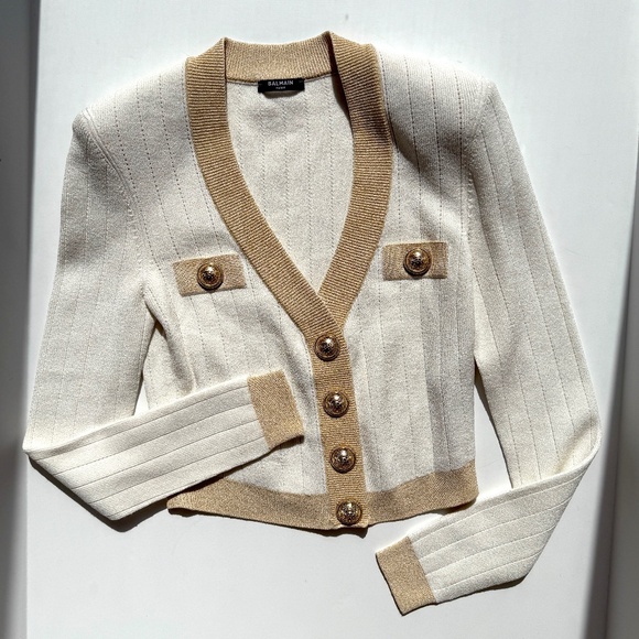 Balmain Off White Gold Ribbed Knit Cropped Cardigan38